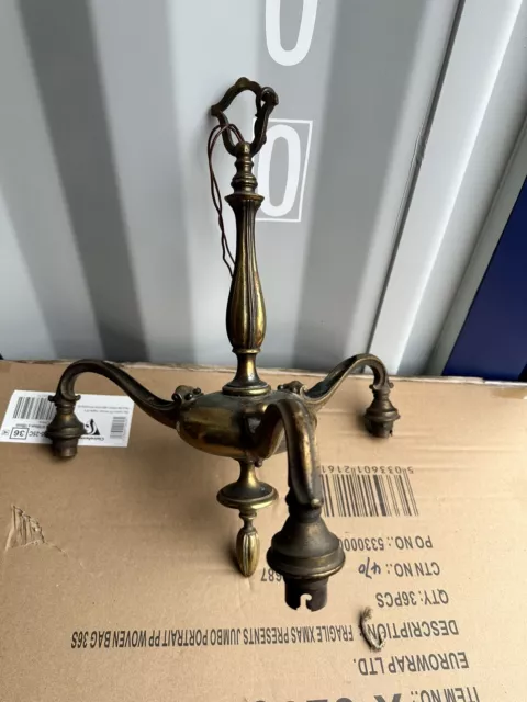 Vintage Antique Heavy Brass Chandelier 3 Arm Ceiling Light Lamp