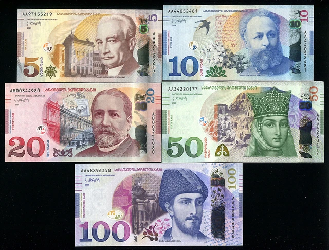 GEORGIA Full SET 5 Banknotes 5 10 20 50 100 Lari 2019 2020 2021 P76 W77 78 79 80