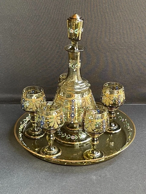 Ancien Service à Liqueur – Fontaine En Verre émaillé, Grappe De Raisin Et Bronze, 6 Verres