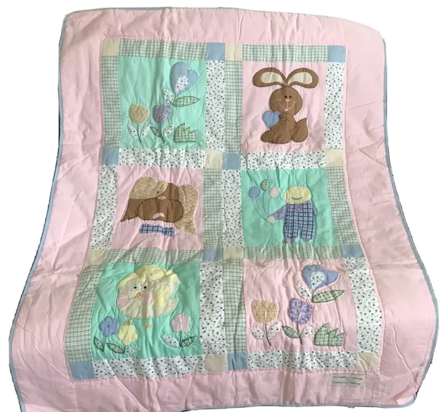 Colorful machine embroidery baby quilt bunny dog chick floral pastel 34x46
