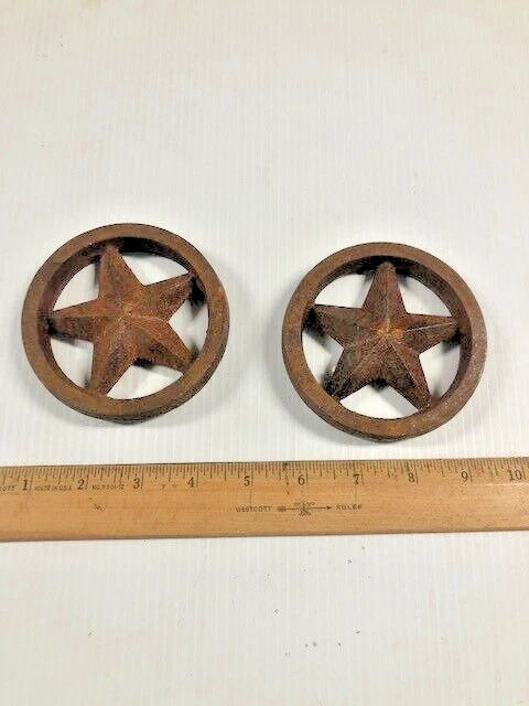Pair Vintage Architectural Washer Five Star Cast Iron Rusty Patina WHEELS HEAVY
