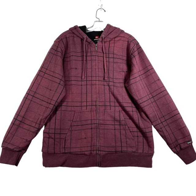 Quicksilver Mens Full Zip Hoodie Size L Burgandy Black Plaid Sherpa Lined Skater