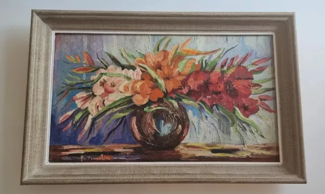 Old Painting Oil Flor Ramo Pintura Óleo Flores Jarra Cuadro Enmarcado Firmado