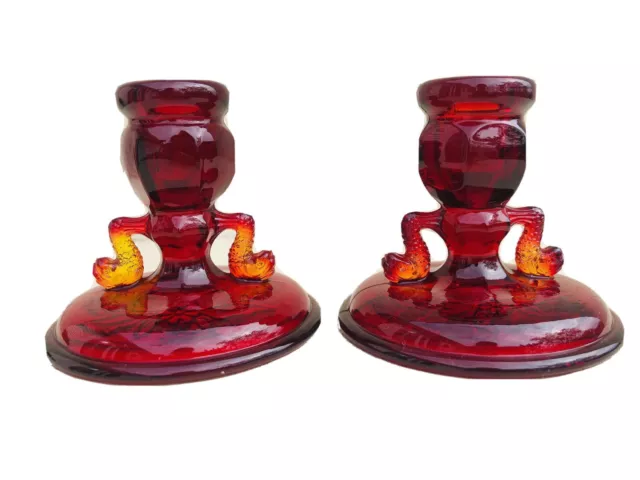 Pair (2) of Fenton Amberina Ruby Red Dolphin Candle Sticks Candle Holders