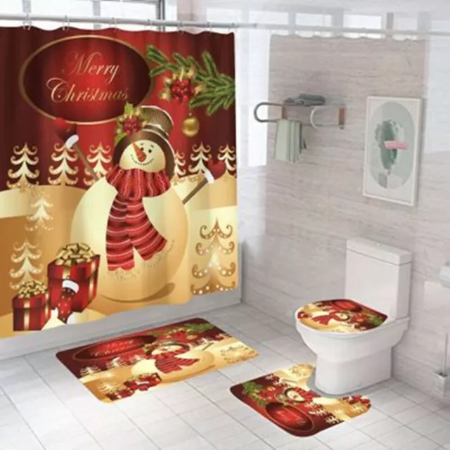 Christmas Shower Curtain Bathroom Rugs Bath Mat Non-Slip Toilet Lid Cover Snow