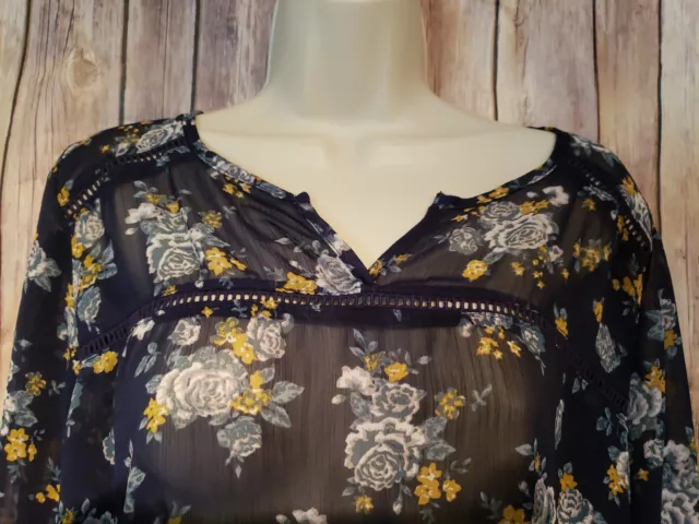 Mossimo Womens Sheer Blue Floral Blouse Roll Tab Sleeves Tag XL fits size Large