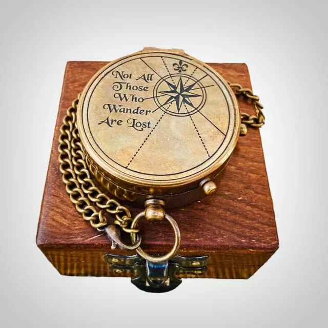 Brass Engraved Compass with Push Open Wooden Box Best for Gift