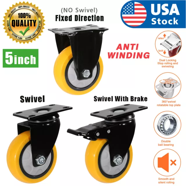 USA Heavy Duty Swivel Plate Casters 5" Polyurethane Wheels Total Lock Brake