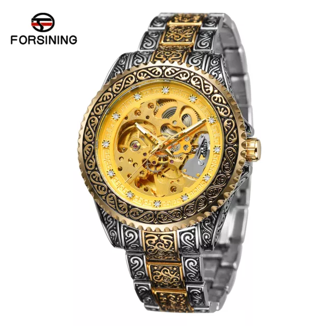 Luxury Men's Gold Movement Stainless Steel Skeleton Diamond Mechanical Watch