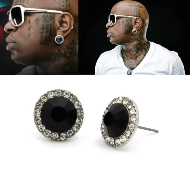 Mens Hip Hop Silver Black Onyx Cubic Zirconia Round Stud Earrings 6Mm, 8Mm, 10Mm