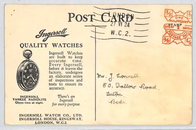 GB KGV Advert Postcard *INGERSOLL WATCHES* 1924 EARLY BI-COLOUR METER MAIL PF19