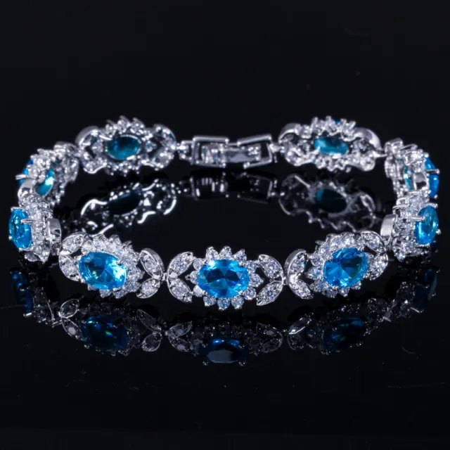 CZ Light Blue Oval Flower Chain Link Bracelet Bangle for Fiancee Wedding Evening