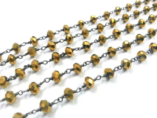 Gold Pyrite Lab-Created Rosary Beaded Chain Black Plated Wire Hydro Beads 3 Ft