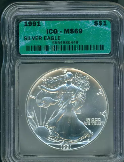 1991 American Silver Eagle ASE S$1 ICG MS69 MS-69 BEAUTIFUL Premium Quality P.Q.