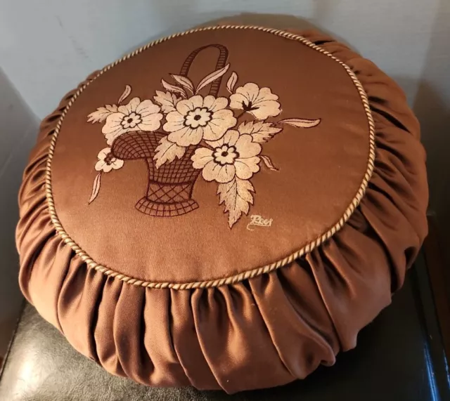 Rare Embroidered Round Accent Pillow Brown Basket Flowers Signed Made W Germany