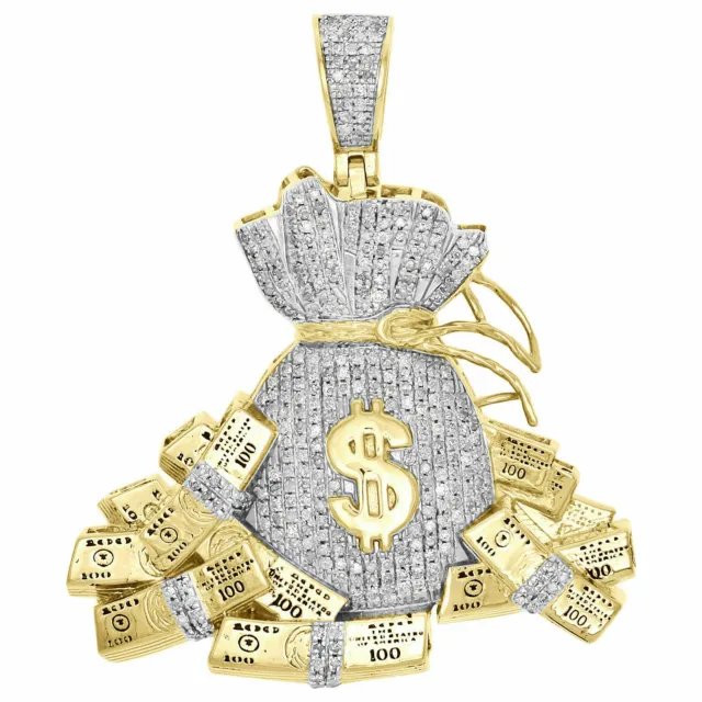 10K Yellow Gold Fn Diamond Money Bag 100 Dollar Stacks Pendant 1.85" Charm 1 CT.