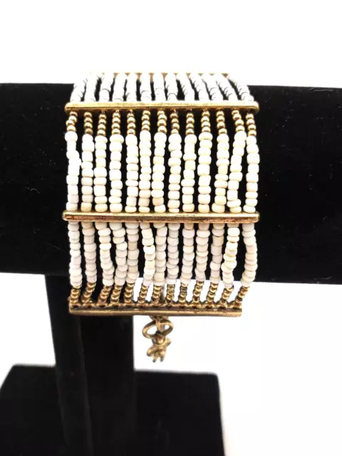 Lucky Brand White, Gold and Silver Seed Bead Bracelet with Gold Tone Metal