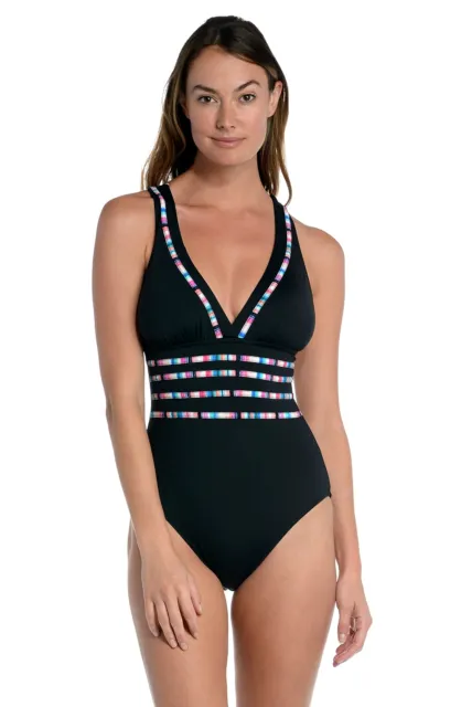 La Blanca Womens Multi Strap Cross Back One Piece Swimsuit, Black//Catalina