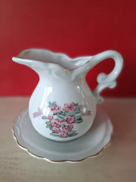 Vintage Minature Floral Wash Basin With Gold Trim, 11.5cm & 9cm Jug.