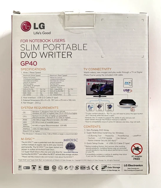 LG SLIM PORTABLE DVD Writer GP40 USB External For Notebook Users New