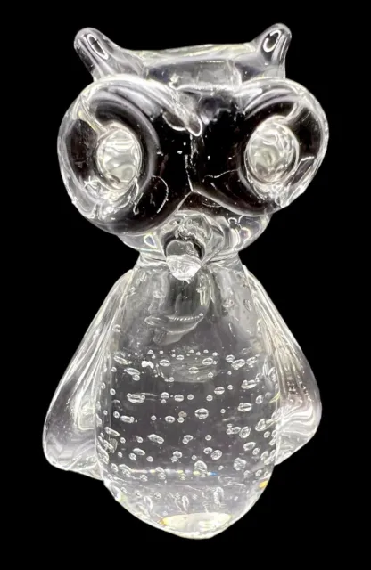 Hand Blown Glass Owl Bird Paperweight Figurine Clear Controlled Bubble 4.25 inch