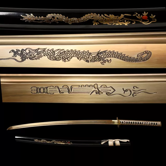 Handmade Gold Blade Japanese Samurai Sword Dragon Katana Full Tang Sharp