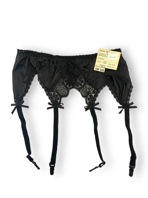 Vintage NOS Black Nylon Tricot & Lace Garter Belt Lingere J.C. Penney w/ Tag 80s
