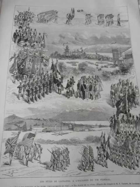 Gravure 1876 - Les Fêtes de Lausanne du Tir fédéral