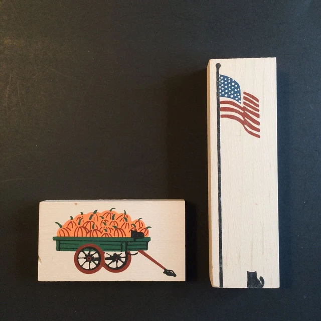 Cats Meow Village holiday accessories X 2: Pumpkin Wagon & American Flag