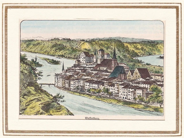 Wasserburg am Inn LK Rosenheim Oberbayern Bayern Ansicht Holzstich woodcut 1880