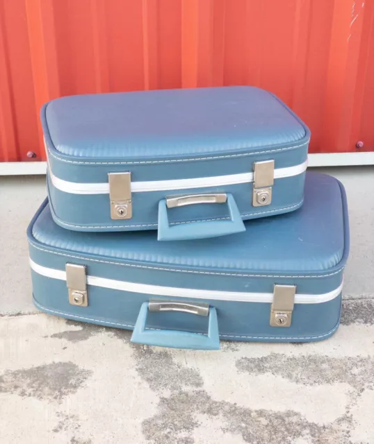 Vintage Suitcase Set, Blue, Retro Suitcases, Medium and Small, 1950's/60's