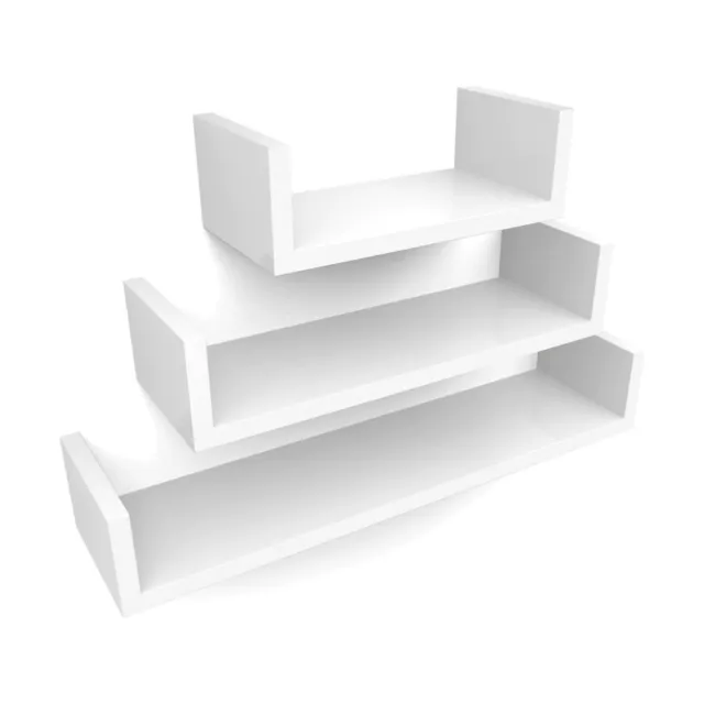 NEW! Set of 3 White U-Shaped Floating Wooden MDF Wall Shelves DIY Home Storage