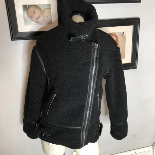 ASOS New Look Shearling Sherpa Faux Teddy Fur Pile Coat Jacket Black Moto Small