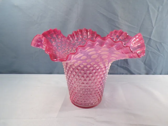 Vintage Fenton Cranberry Opalescent Hobnail Glass DC Flip Vase 7 1/2" Tall