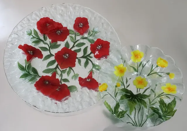 Sydenstricker Fused Art Glass Vined Red Petunia Plate & Buttercup Bowl Cape Cod