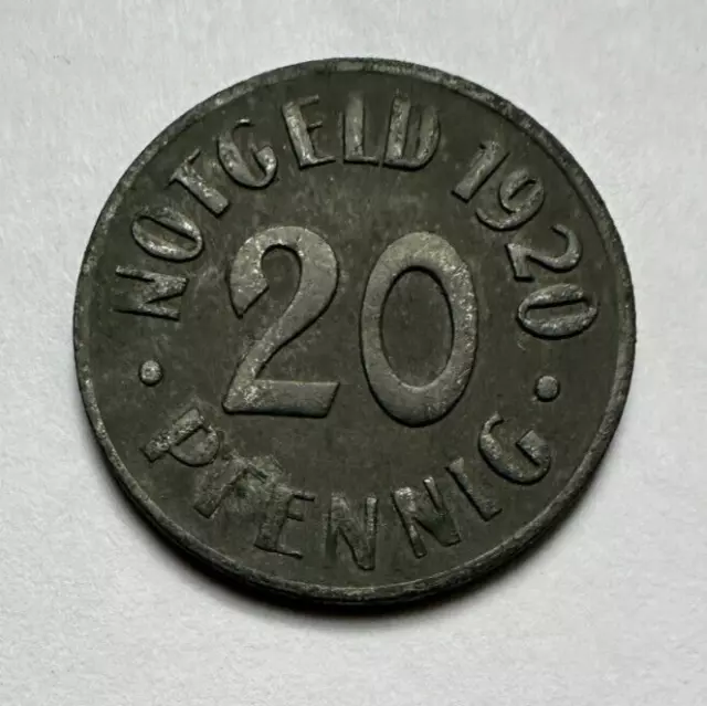1920 Cassel  (Hessen-Nassau) Stadt 20 Pfennig Notgeld  Zinc Coin Funck# 78.6