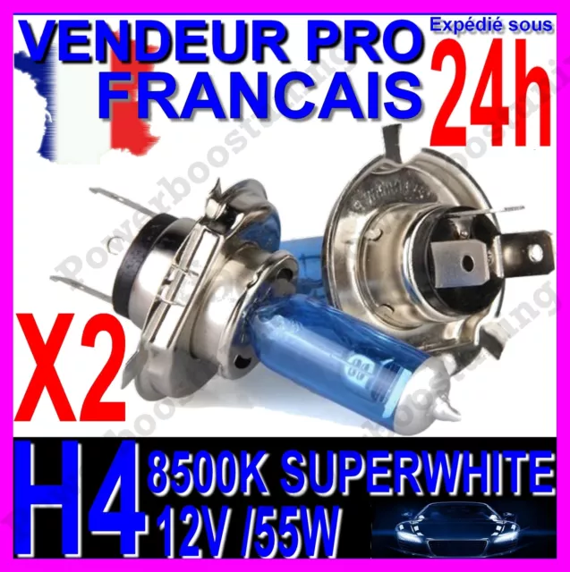 Kit De 2 Ampoule H4 55W Lampe Halogene Feu Phare Xenon Gaz Super White 8500K 12V