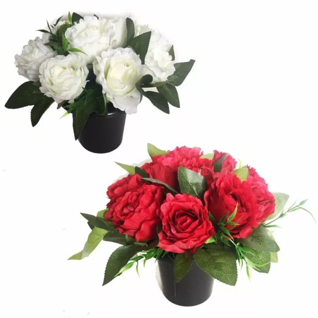 Artificial Crushed Rose Grave Side Flower Crem Pots / Vase Memorial Red & White