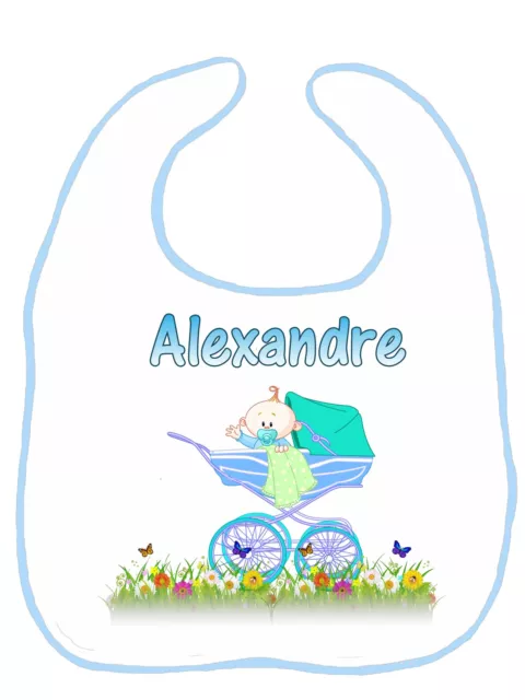 Bavoir bébé blanc bordure bleue réf G02 personnalisé avec prénom