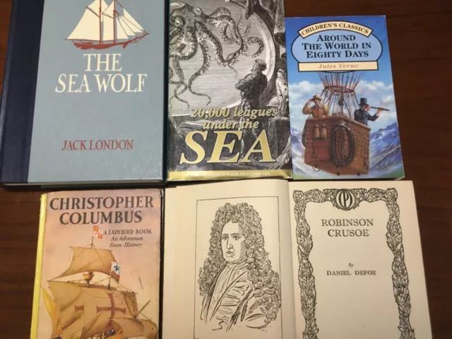 LOT OF 5 BOOKS ON SEA ADVENTURES Daniel Defoe JACK LONDON Jules Verne ...