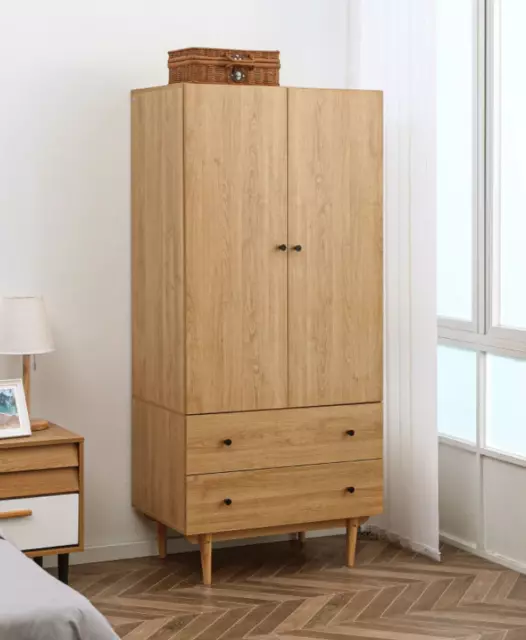 Scandinavian Storage Wardrobe Rustic 2 Door Cupboard Clothes Rail Solid Wood Leg
