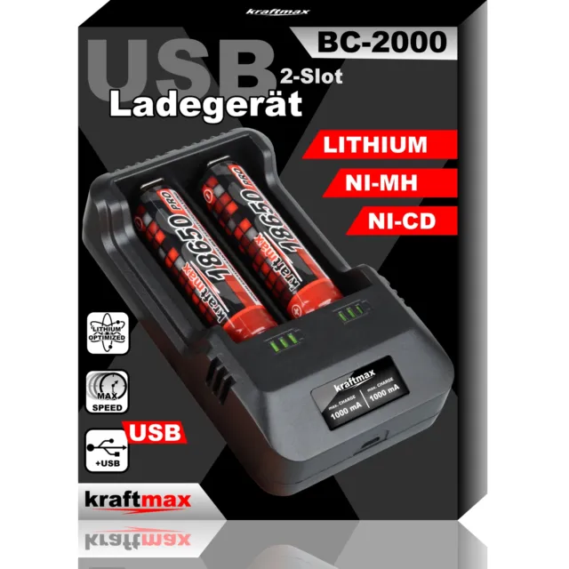 BC-2000 USB Akku Ladegerät für 18650 | 26650 | Mignon AA | Micro AAA 3,7V Li-Ion