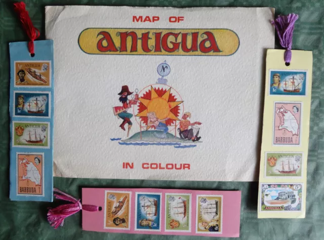 Map of Antigua,50 Jahre alte Landkarte der Karibik Insel + 12 Briefmarken ungest