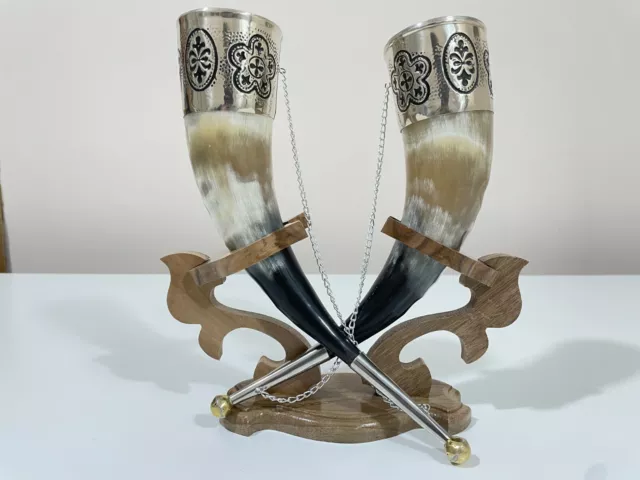 Viking Drinking Horn with Stand for Wedding, Groomsmen, Best Quality, Engraved