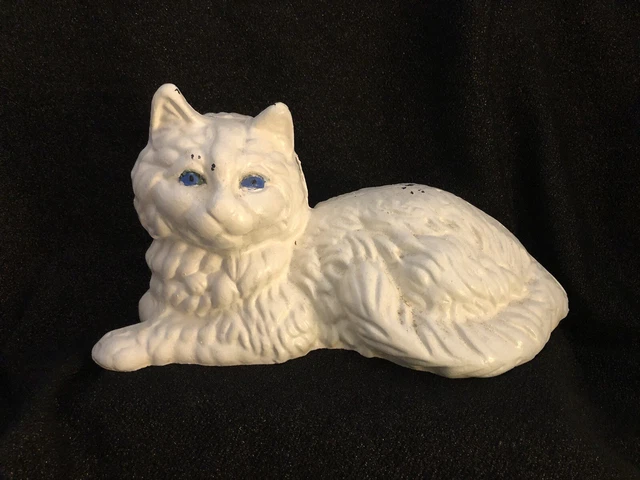 Antique (c. 1930's) Cast Iron Cat Doorstop - 10" Length - White with Blue Eyes