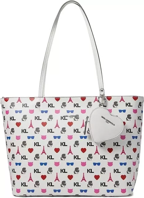 Karl Lagerfeld Paris Adele Large Tote Bag White Multi Heart Pouch New Sealed