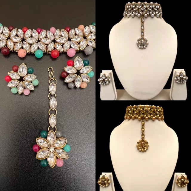 Indian Pakistani Gold Plated Tikka Earrings Choker Necklace Jewellery Set.