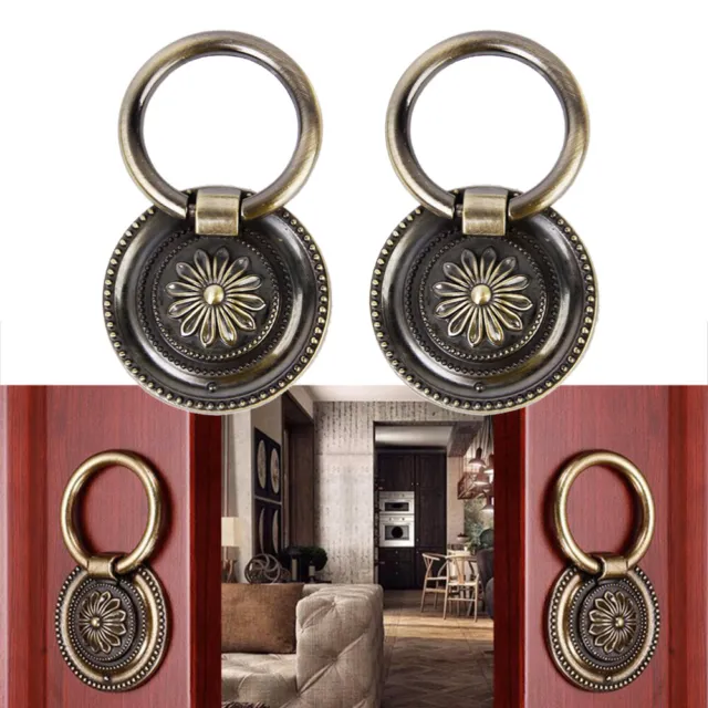 2 Pair of Kitchen Cabinet Cupboard Drawer Pull Ring Handle Knob (Antique Brass)