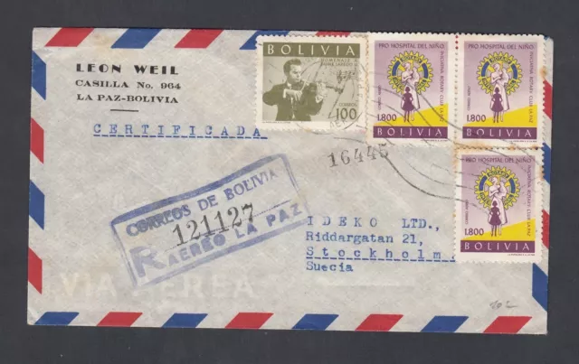 Bolivia 1962 Registered Airmail Rotary Cover La Paz To Stockholm Sweden