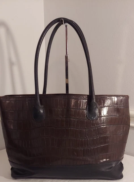 Cristian Brown/Black Leather Tote/Shoulder Bag Purse Croc Embossed Made in Italy